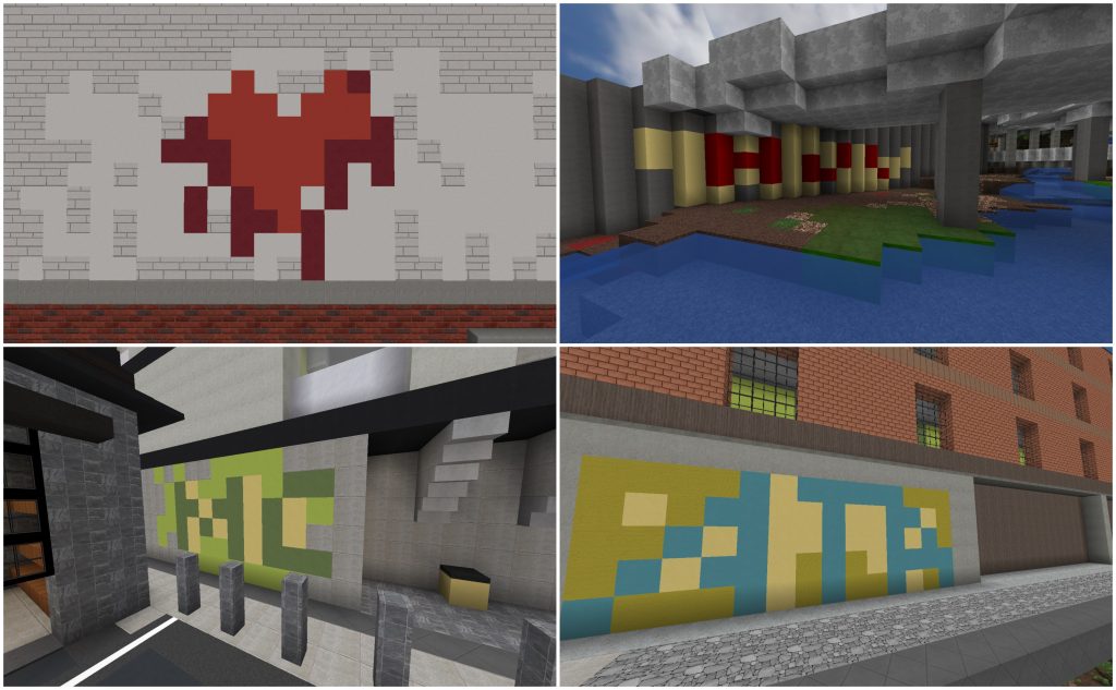 grid of 4 graffiti designs on walls