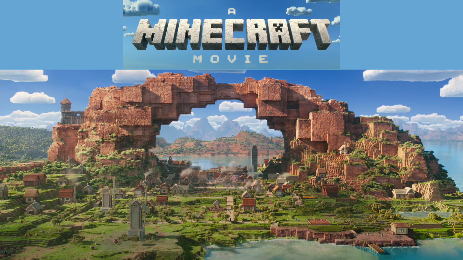 Minecraft movie trailer video arch terrain