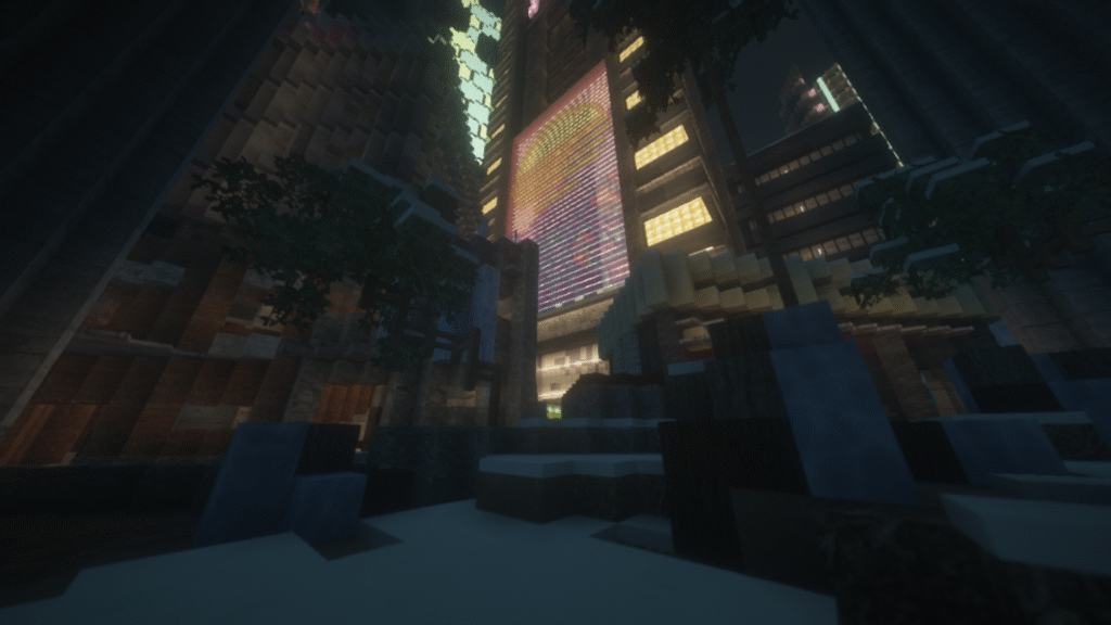 Screenshot cyberpunk city dim billboard