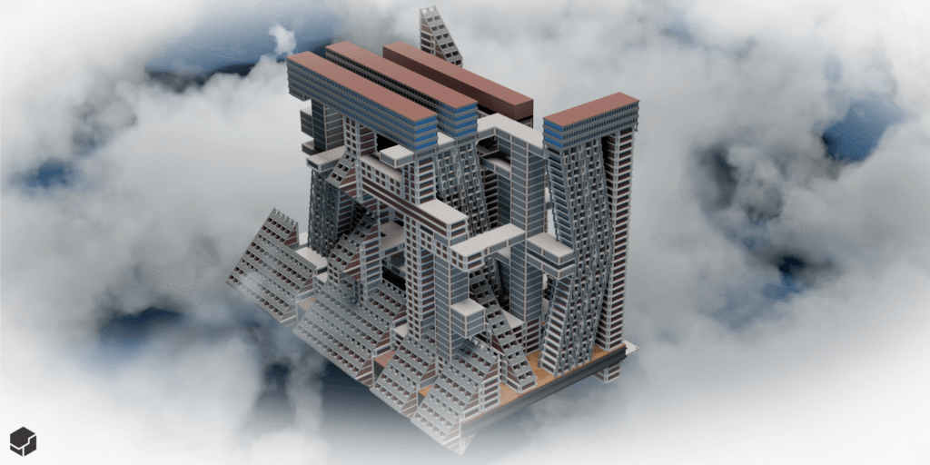 Portfolio render brutalist cloud flying build