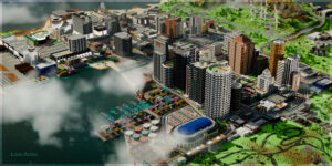 Portfolio render Los Auto city GTA style aerial view