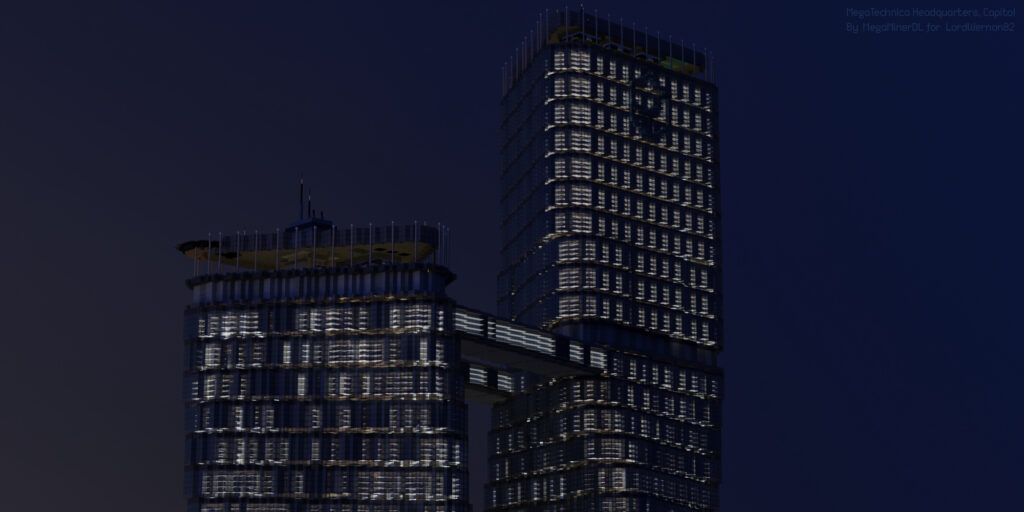Portfolio render MegaTechnica realistic city twin towers night