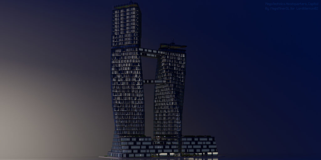 Portfolio render MegaTechnica realistic city twin towers night