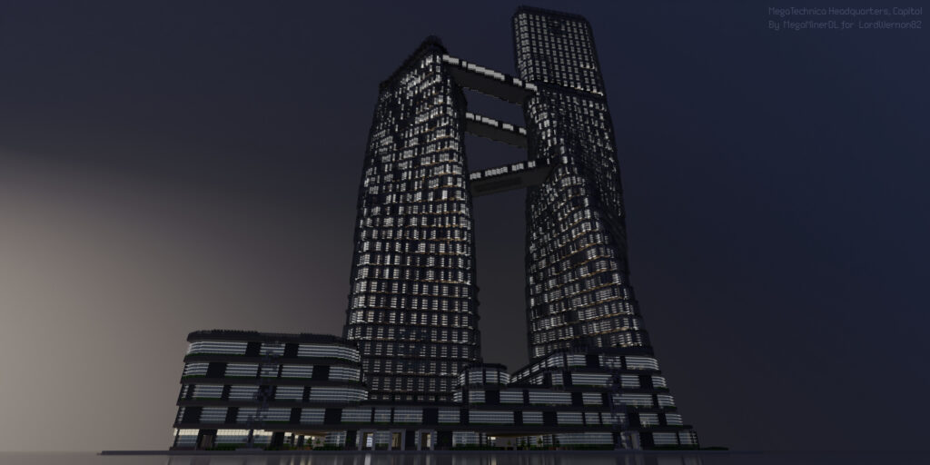 Portfolio render MegaTechnica realistic city twin towers night