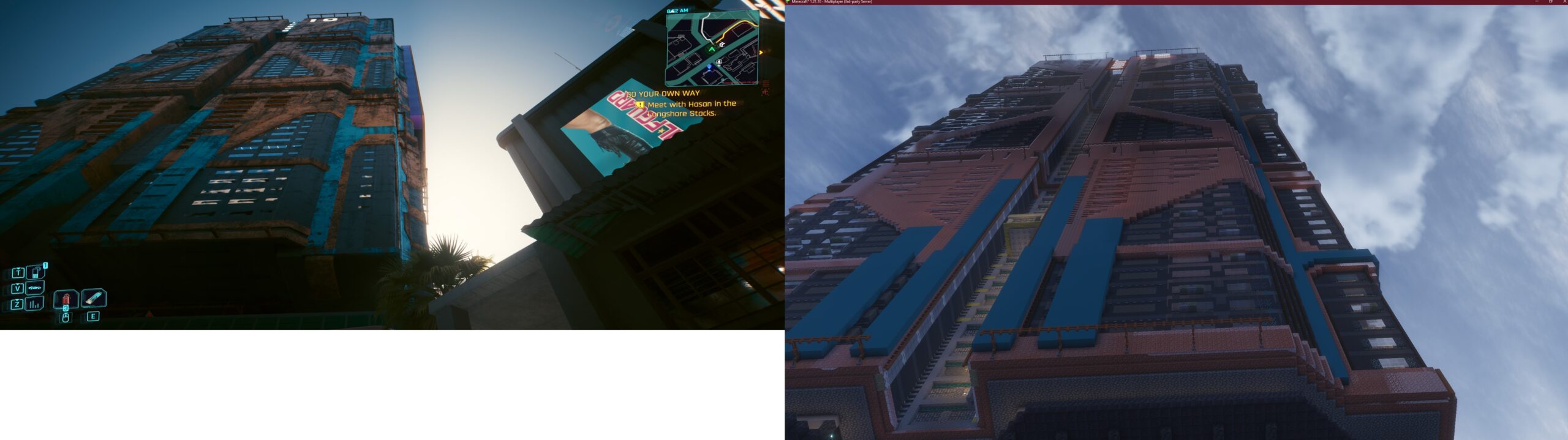 Cyberpunk2077 megabuilding game screen comparison