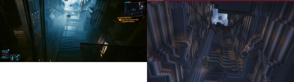 Cyberpunk2077 megabuilding game screen comparison