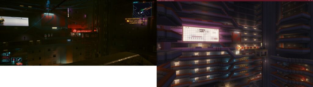 Cyberpunk2077 megabuilding game screen comparison